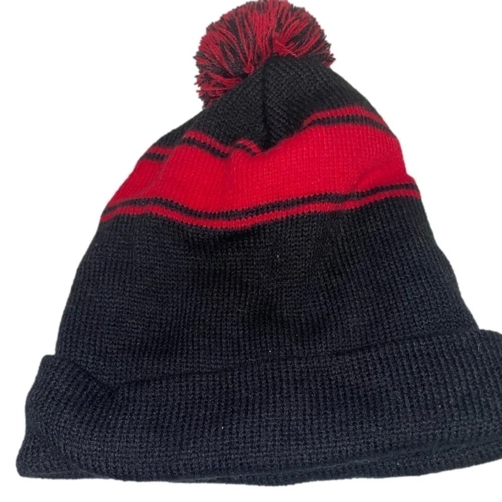 Preloved Sport Tek striped pom-pom beanie, eclectic grandpa reads “COACH”